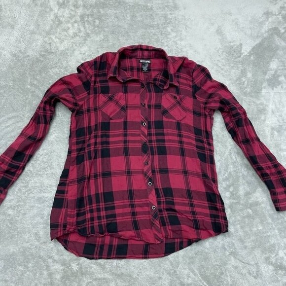 Hot Topic Plaid Button-Up Shirt Red & Black Long Sleeve Size XL a0943 - Picture 1 of 6